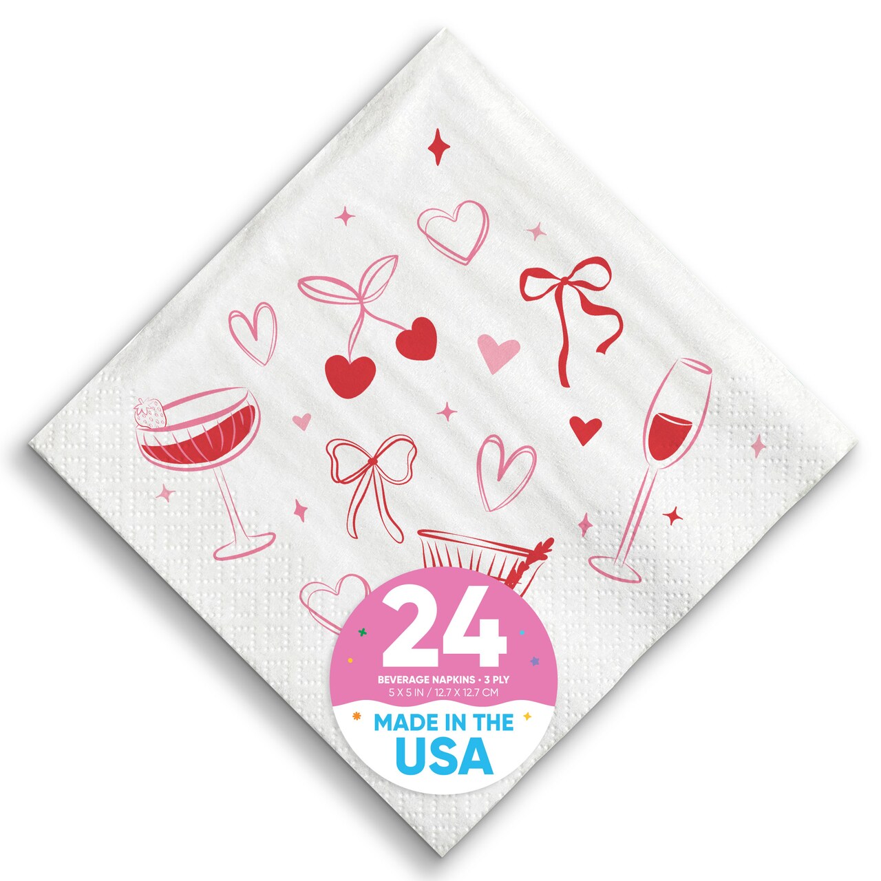 Big Dot of Happiness Drinks with the Girls Napkins, Galentine's Day or Bows, Hearts, Cherries Birthday, White 3-Ply Paper Beverage Napkins - 24 Count